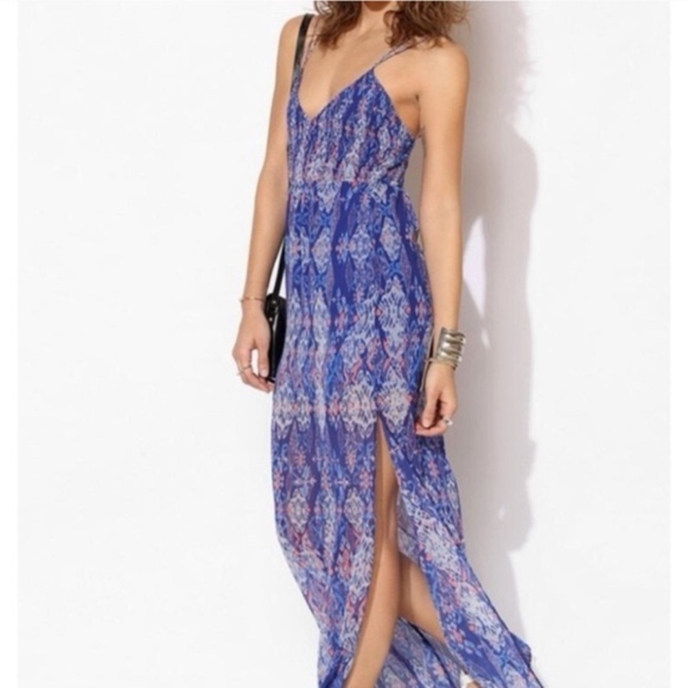 DV by Dolce Vita Cally Maxi Dress Blue Multi Tapestry Print Boho sz Small